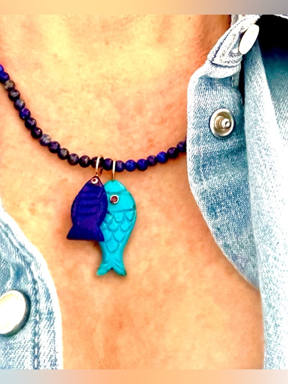 Lapis beaded necklace with lapis & turquoise Fish Charms